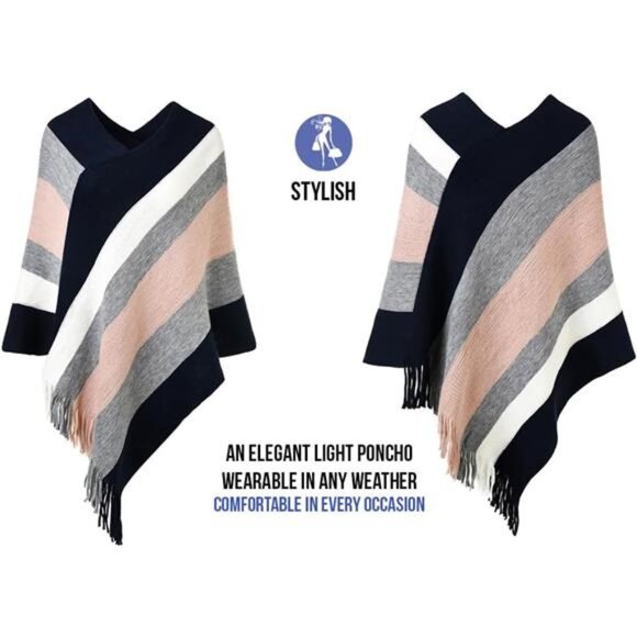 Women's Striped Poncho Sweater Cozy Knit Fringe Shawl Wraps for Fall Winter - Picture 3 of 7